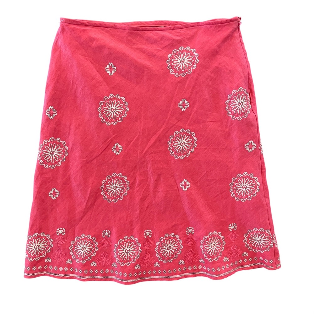 Richard Malcolm Red Linen Embroidered Beaded Floral A-line Midi Skirt Size 12